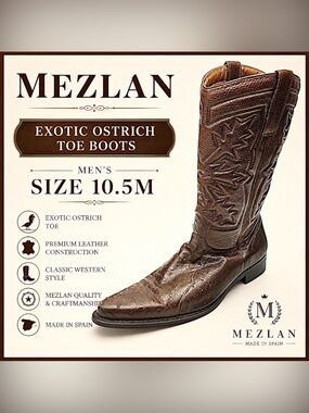 Mezlan Men’s Exotic Brown Ostrich Pointed Toe Boots Size 10.5M Slip-On Luxury